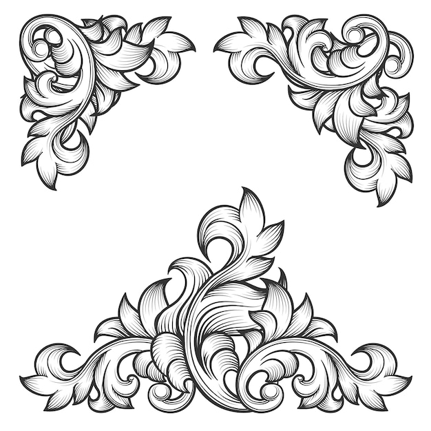 バロック様式の葉フレーム渦巻き装飾的なデザイン要素セット。花の彫刻、ファッションパターンモチーフ、