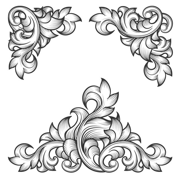 バロック様式の葉フレーム渦巻き装飾的なデザイン要素セット。花の彫刻、ファッションパターンモチーフ、