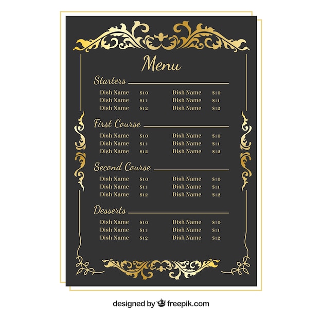 Free vector baroque menu template with golden frame