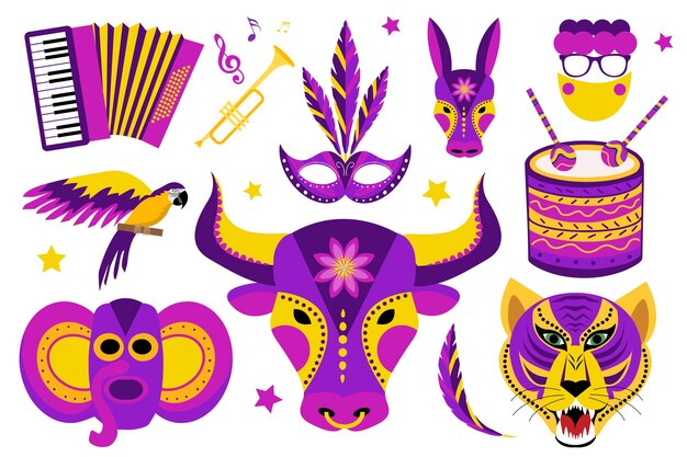 Barranquilla carnival icons set. colombian carnaval party collection of design elements with masks, button accordion, drum. for posters, flyers your design template. vector illustration