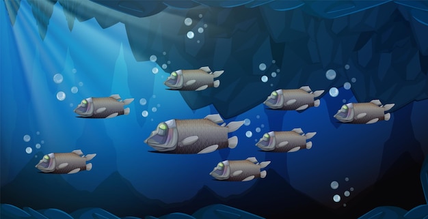 Vettore gratuito i pesci barreleye nuotano insieme nel mare profondo