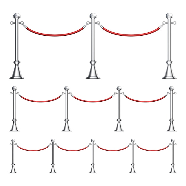 Бесплатное векторное изображение Хромированная колонна барьеров с набором бархатных веревок