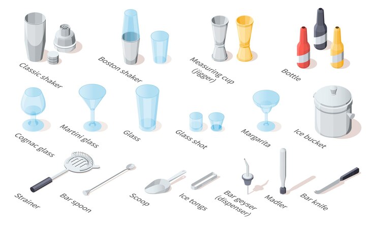 Free Vector bartender and barman isometric set with utensils symbols isolated vector illustration