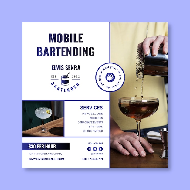 Vettore gratuito progettazione del modello di volantino per servizi di bartending