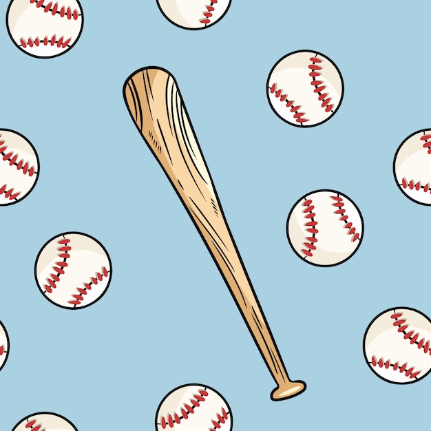 野球ボールとバットのシームレスパターン かわいい落書き手描き落書き プレミアムベクター