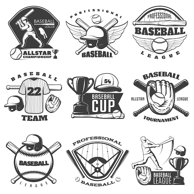 Emblemi bianchi neri di baseball delle squadre e dei tornei con il giocatore di tazza dell'attrezzatura sportiva isolato