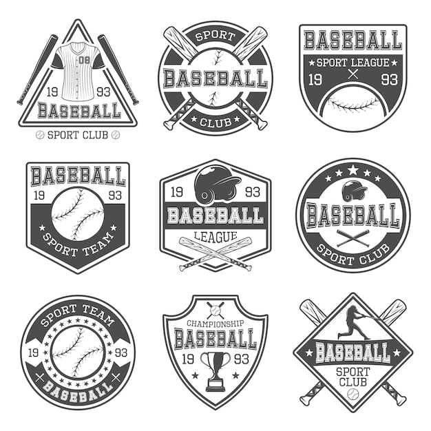 Vettore gratuito emblemi bianchi neri da baseball