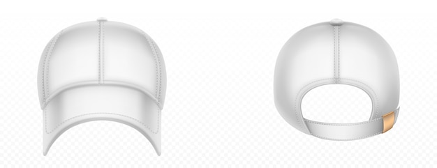 野球帽の正面図と背面図。ステッチ、バイザー、スナップオンピークで空白の白い帽子のリアルなモックアップをベクトルします。隔離された太陽の頭を保護するためのスポーツユニフォームキャップ