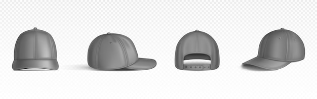 Free vector baseball cap mockup from different views front back three quarter and side realistic vector templates of gray snapback hats with visor blank sport uniform headwear cotton clothing elements