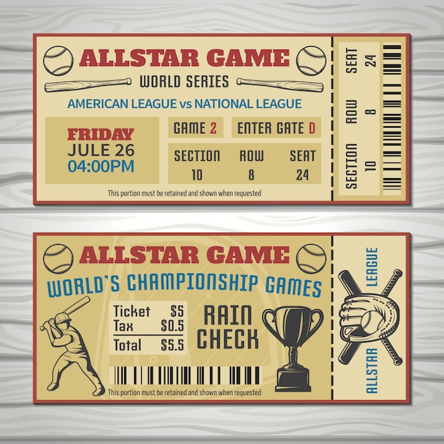 Free vector baseball competitions tickets with player sports outfit and trophy barcode