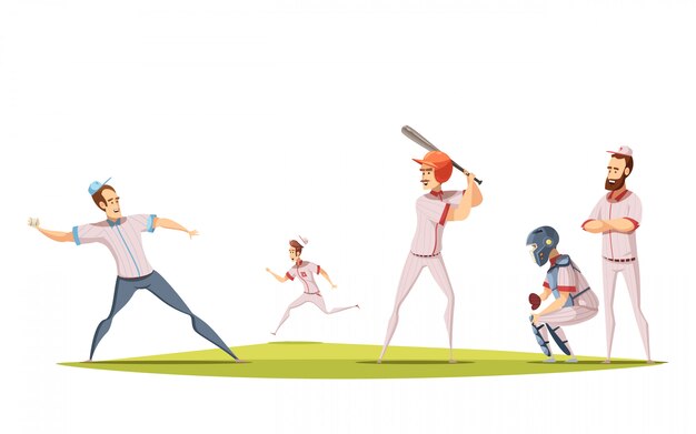 Концепция дизайна бейсболистов с участием фигурок спортсменов-мультфильмов, играющих на спортивной площадке