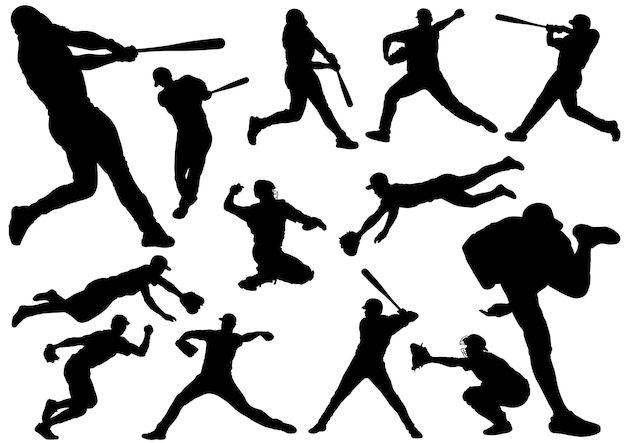 Бесплатное векторное изображение Набор силуэтов бейсболистов. черно-белые векторные иллюстрации, изолированные на белом фоне.
