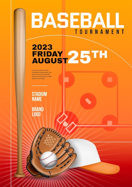 Free vector baseball tournament flyer poster design with bat glove and ball on orange and red background realistic vector illustration