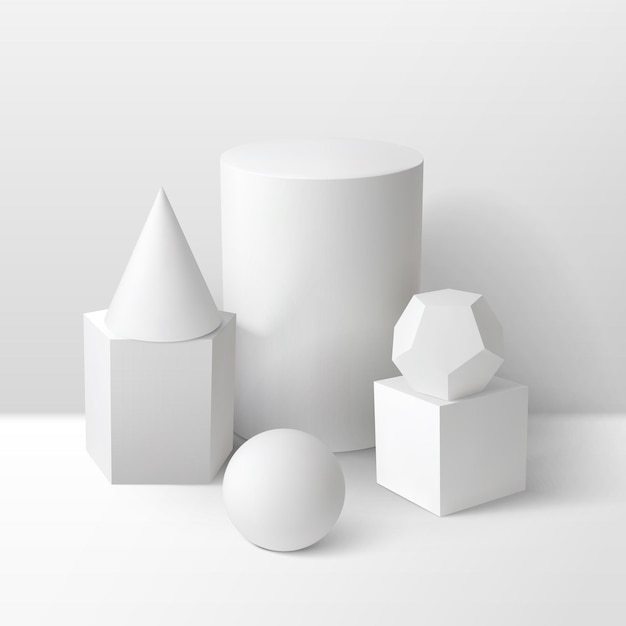 Basic stereometry shapes monochrome composition Including cube cylinder sphere prism cone and dodecahedron