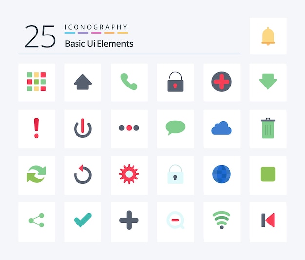 Free vector basic ui elements 25 flat color icon pack including medical sign mobile plus lock