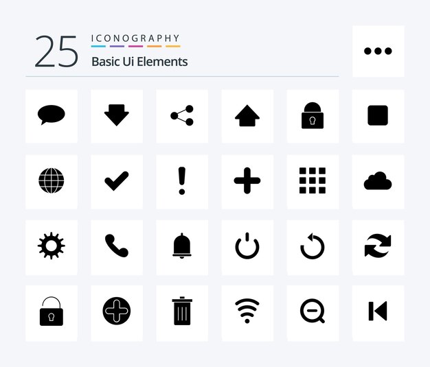 로그인 보안 공유 잠금을 포함한 기본 Ui 요소 25 솔리드 글리프 아이콘 팩