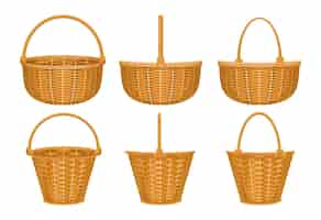 Free vector basket set of isolated images with wooden basket with isolated images of baskets with hand handles illustration