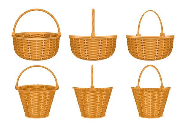 Basket set of isolated images with wooden basket with isolated images of baskets with hand handles illustration