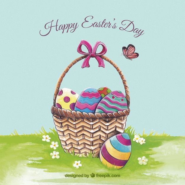 Free vector basket watercolor background with easter eggs
