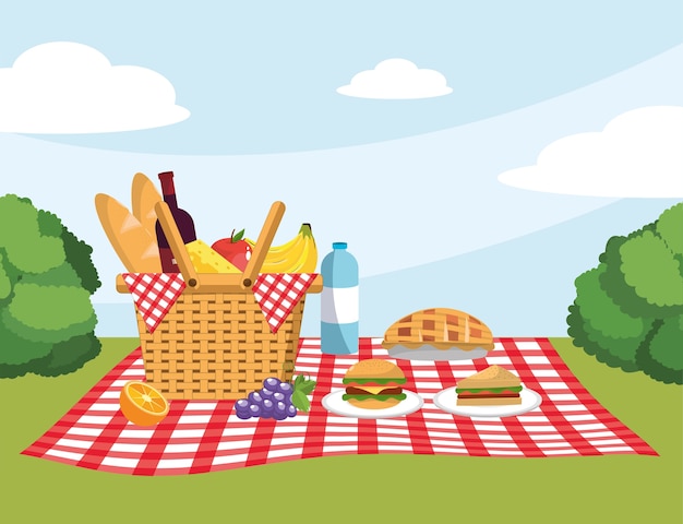 Basket with breads and breads in the tablecloth decoration