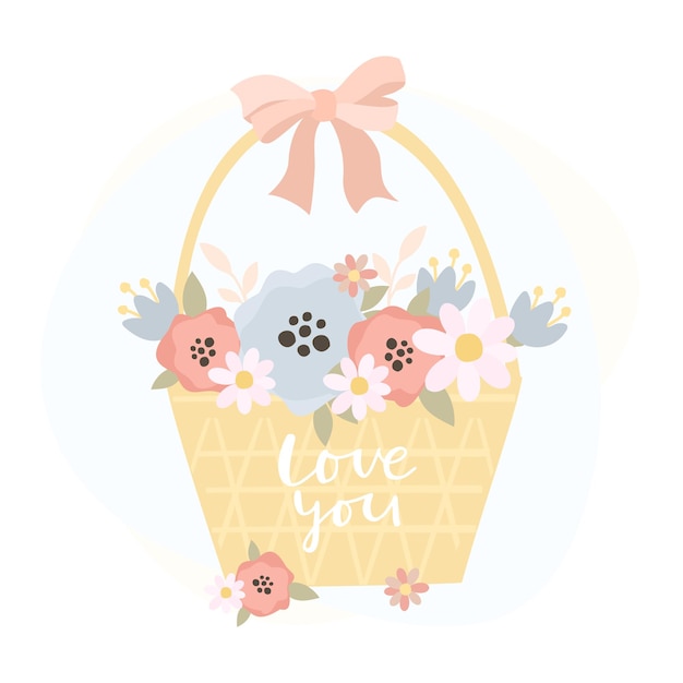 Free vector basket with flowers and love you inscription