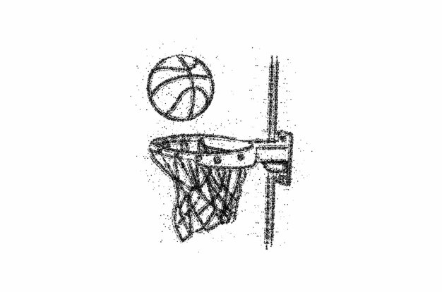 Баскетбольная корзина выстрел, обруч, игра, векторная иллюстрация искусства линии частиц.