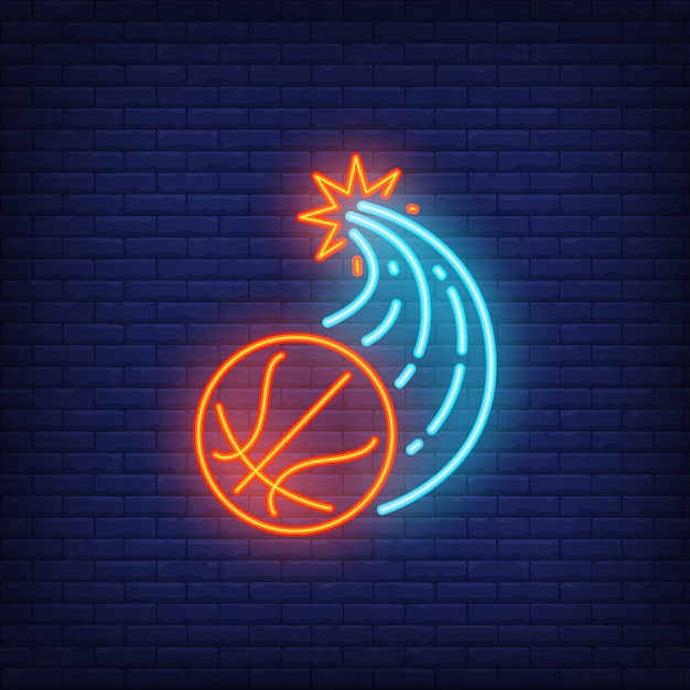 Vettore gratuito pallacanestro che attraversa la parete e segno al neon di volo