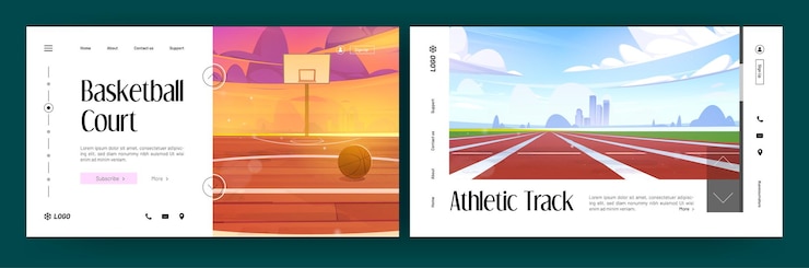Free Vector basketball court and athletic track banners. vector landing pages of sport grounds with cartoon illustration of empty stadium with running lane and field with ball and hoop