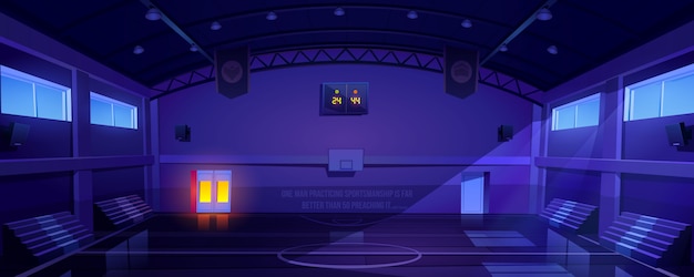 Баскетбольная площадка пустой темный интерьер, стадион