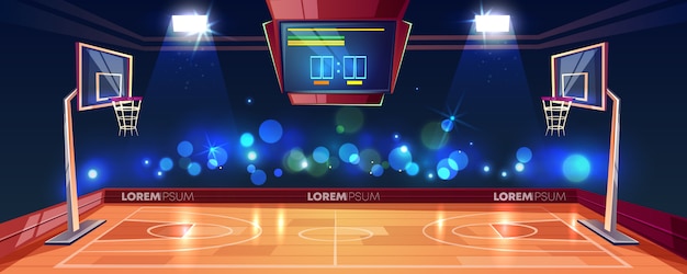 スタジアムのライト、スコアボード、カメラの懐中電灯で照らされたバスケットボールコート