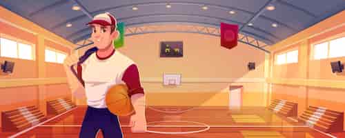 Бесплатное векторное изображение Баскетбольная площадка с игроком, трибуной, корзиной и табло на стене. векторные иллюстрации шаржа человека с мячом, профессионального спортсмена в тренажерном зале со спортивной площадкой и обручем
