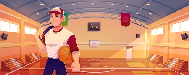 Free vector basketball court with player, tribune, basket and scoreboard on wall. vector cartoon illustration of man with ball, professional sportsman in gym with sport ground and hoop