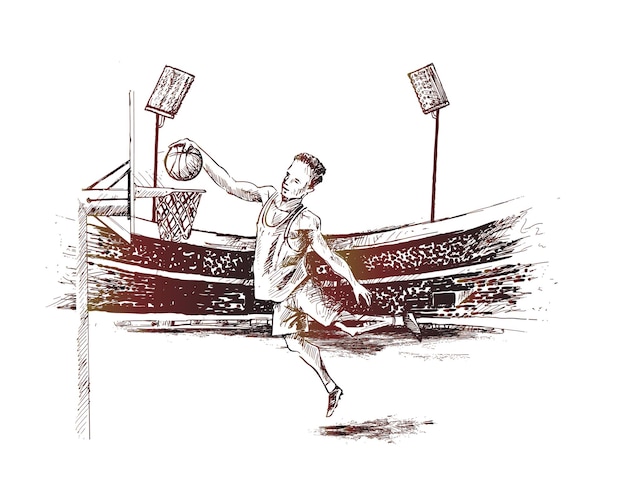 Basketball player scoring an athletic amazing slam dunk hand drawn sketch vector illustration