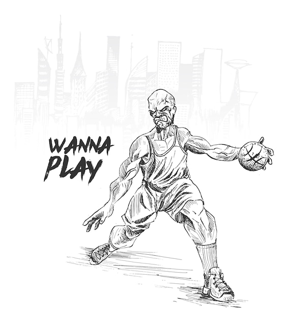 Basketball players in action on urban city background hand drawn sketch vector illustration