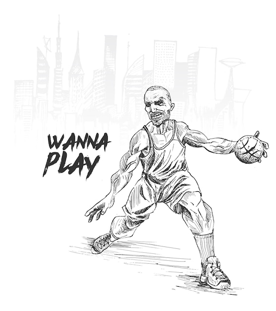 無料ベクター 都市の背景にアクションのバスケットボール選手手描画スケッチ ベクトル図