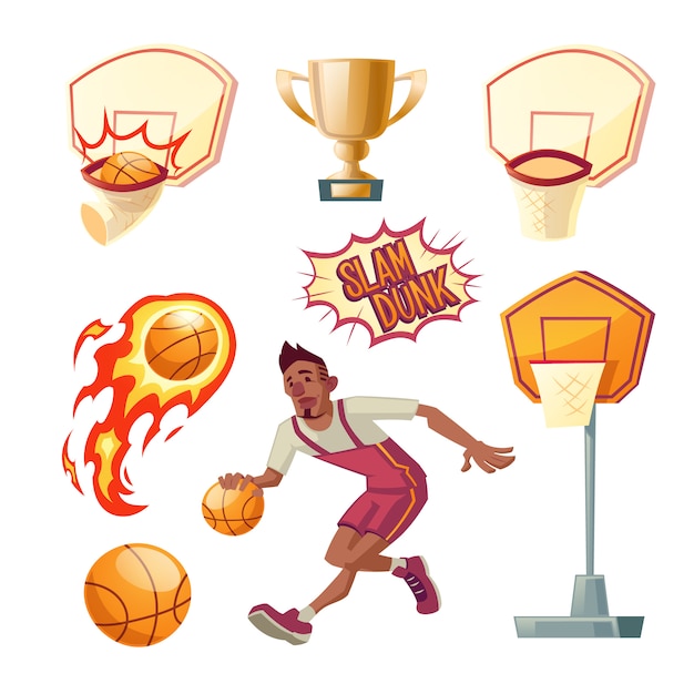 Basketball set - athletic sportsman in uniforms with orange\
ball, different baskets