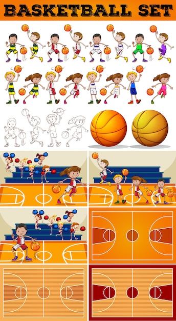 Set di basket con illustrazione di giocatori e campi