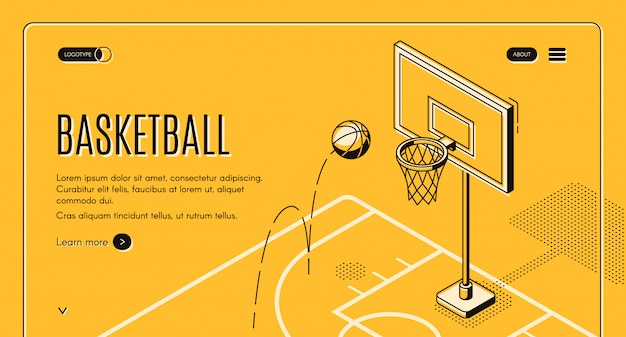 Basketball team, sport club black line art website template with ball