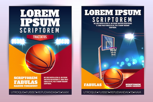 Free vector basketball tournament promo vertical poster or brochure with basketball ball and hoop