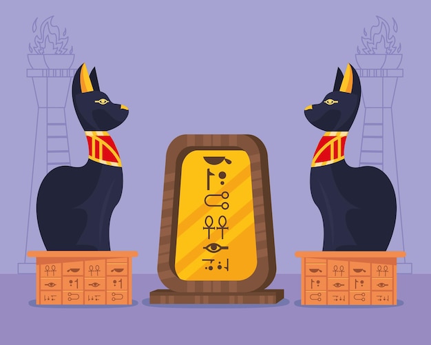 Bastet statues and hieroglyphs