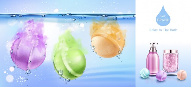 Bath bombs in water, spa cosmetics beauty banner
