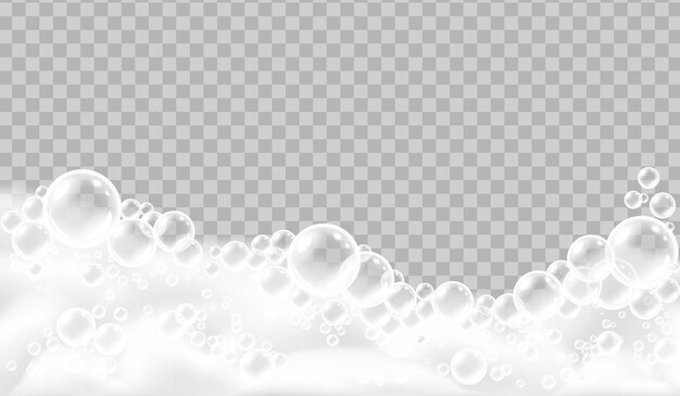 투명한 배경 벡터 삽화가 있는 표면에 있는 무성한 흰색 거품의 목욕 거품 현실적인 개념 큰 거품