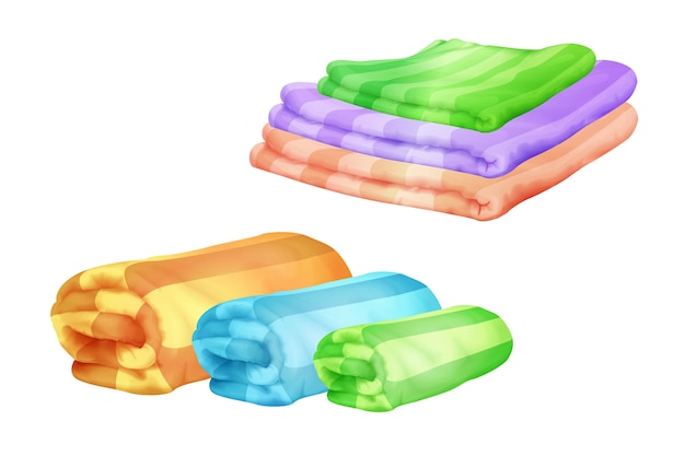 Vettore gratuito illustrazione degli asciugamani di bagno delle pile del tovagliolo di colore piegate e rotolate.