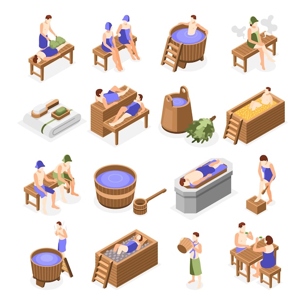 Бесплатное векторное изображение Баня и спа расслабляющие изометрические иконы набор людей, проводящих время в паровой бане джакузи хаммам с массажем и расслабляющими процедурами изолированные векторные иллюстрации