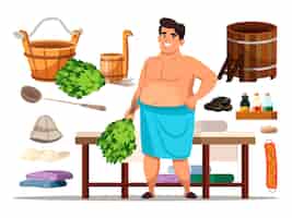 Free vector bathhouse attendant with steam room accessory set