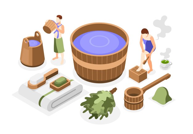 Bathhouse and spa relaxing isometric composition with bath tools and accessories isolated vector illustration