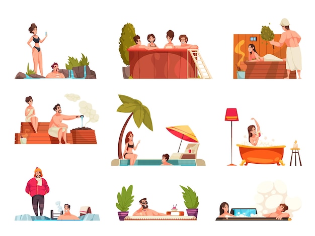 Бесплатное векторное изображение Купальный мультяшный набор людей, расслабляющихся в термальных водах, джакузи, сауне, погружающихся в прорубь, изолированная векторная иллюстрация