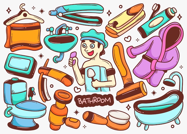 Bathroom doodle hand drawn color vector collection