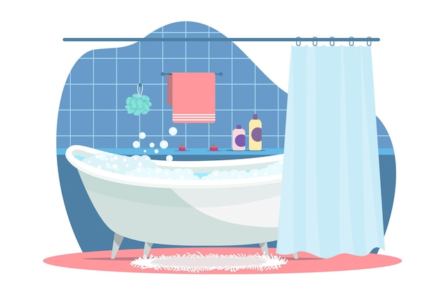 浴室の家の劣ったデザインモダンで居心地の良いフラットなレトロな装飾の中に泡と水でいっぱいのお風呂のあるかわいい部屋