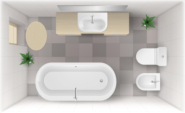 Free vector bathroom interior top view room with bath tub